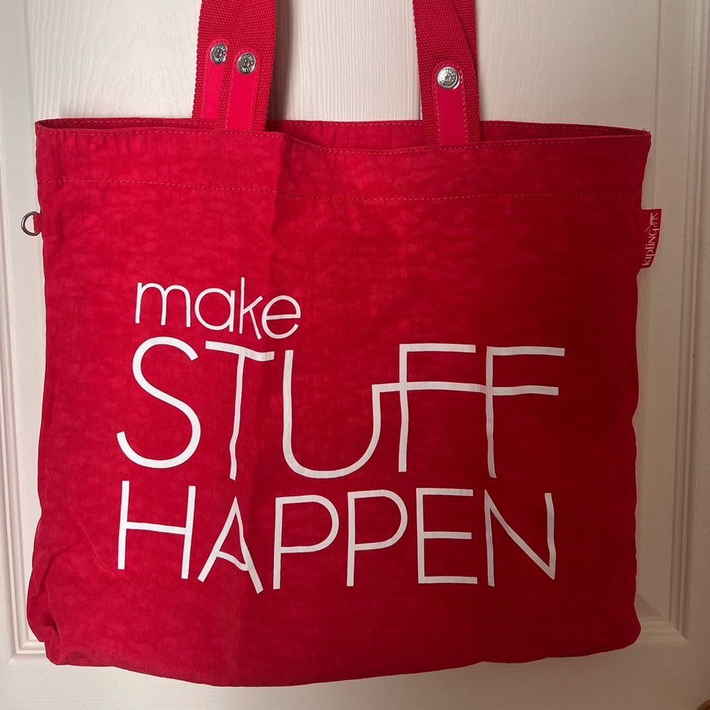Kipling Reversible Red Tote Bag with Bold Inspirational Design